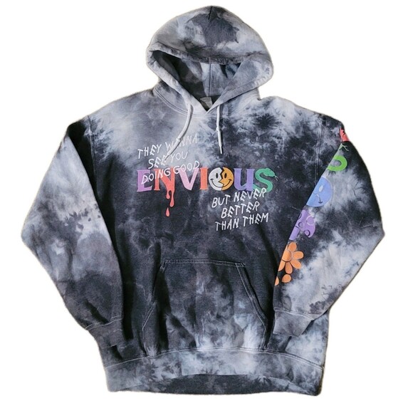 Gildan Hoodie Mens M Black Gray Tie Dye Envoius Graphic Print Sweatshirt - Picture 1 of 14